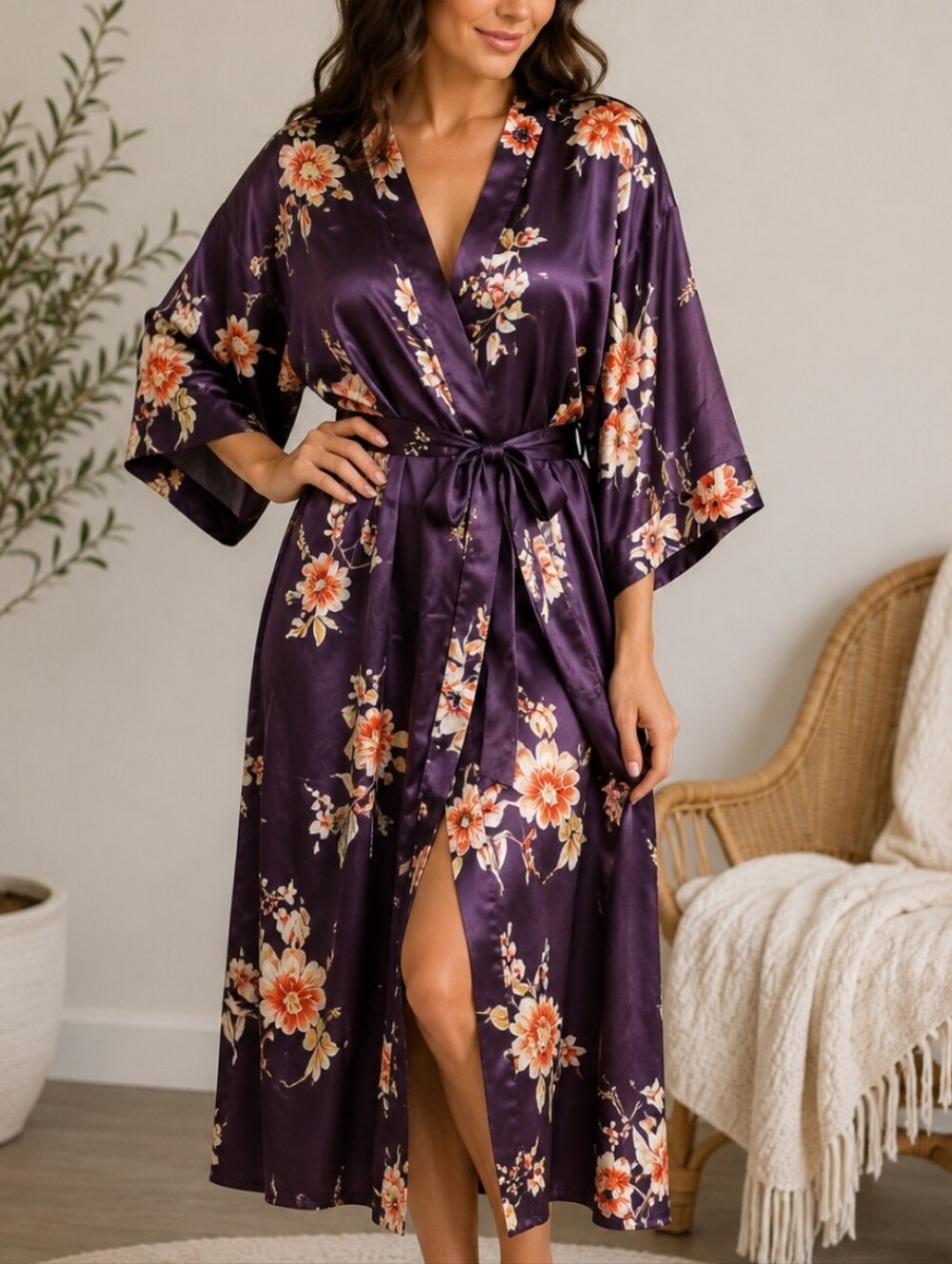 Morgan Taylor Purple Embroidered Floral Robe Kimono S/M